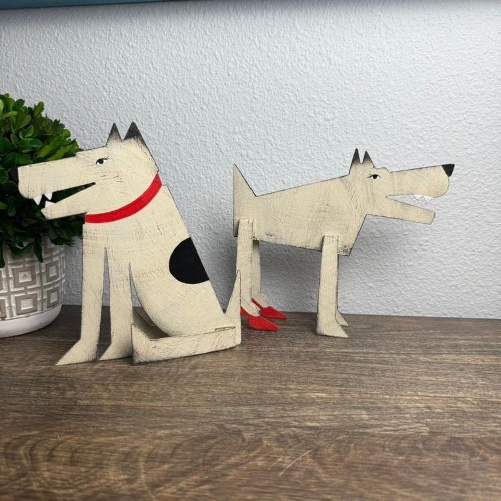 Acme Animal Dog Sculptures Sue Parke Don Gidley Folk Art Metal Pair Red Heels - Picture 2 of 16